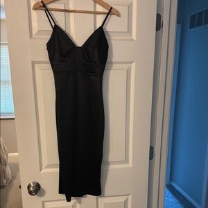 Lulu's Classic Black Satin Midi Dress